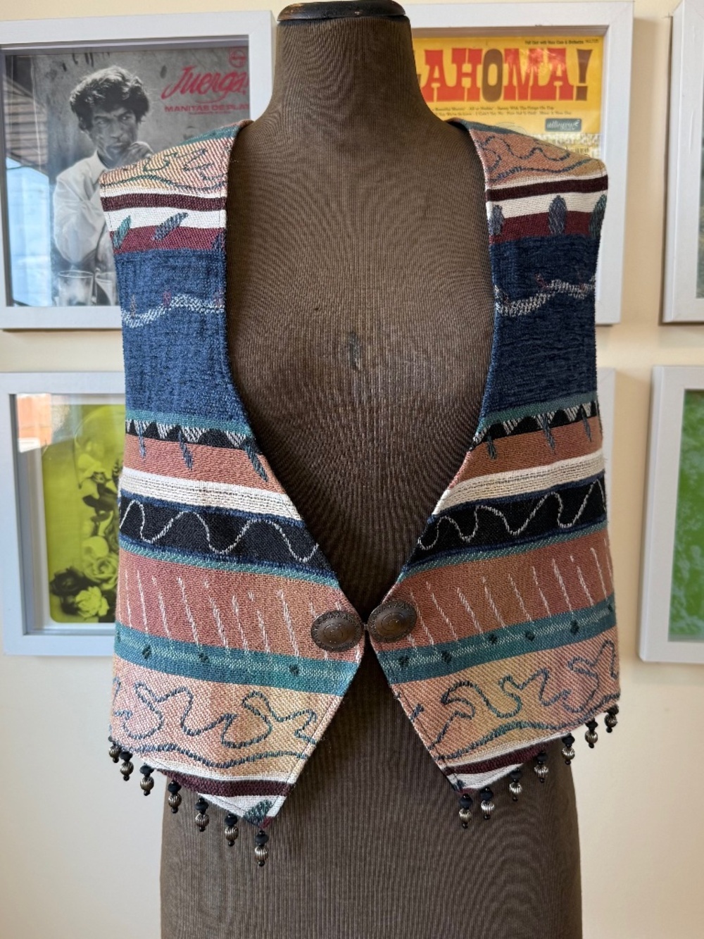 LONGHORN VINTAGE 90s SOUTHWEST TAPESTRY BEADED VEST • BOHO FESTIVAL STATEMENT